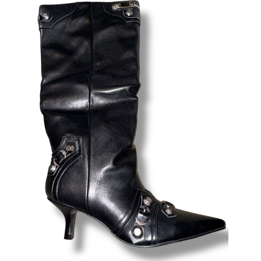 NIB Black Knee High Boots Pointed Toe Studded Accents Zip Up Sz 6 punk